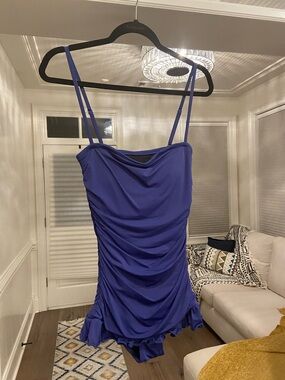 Draped Royal Blue One-Piece Swimsuit with Ruffle Hem